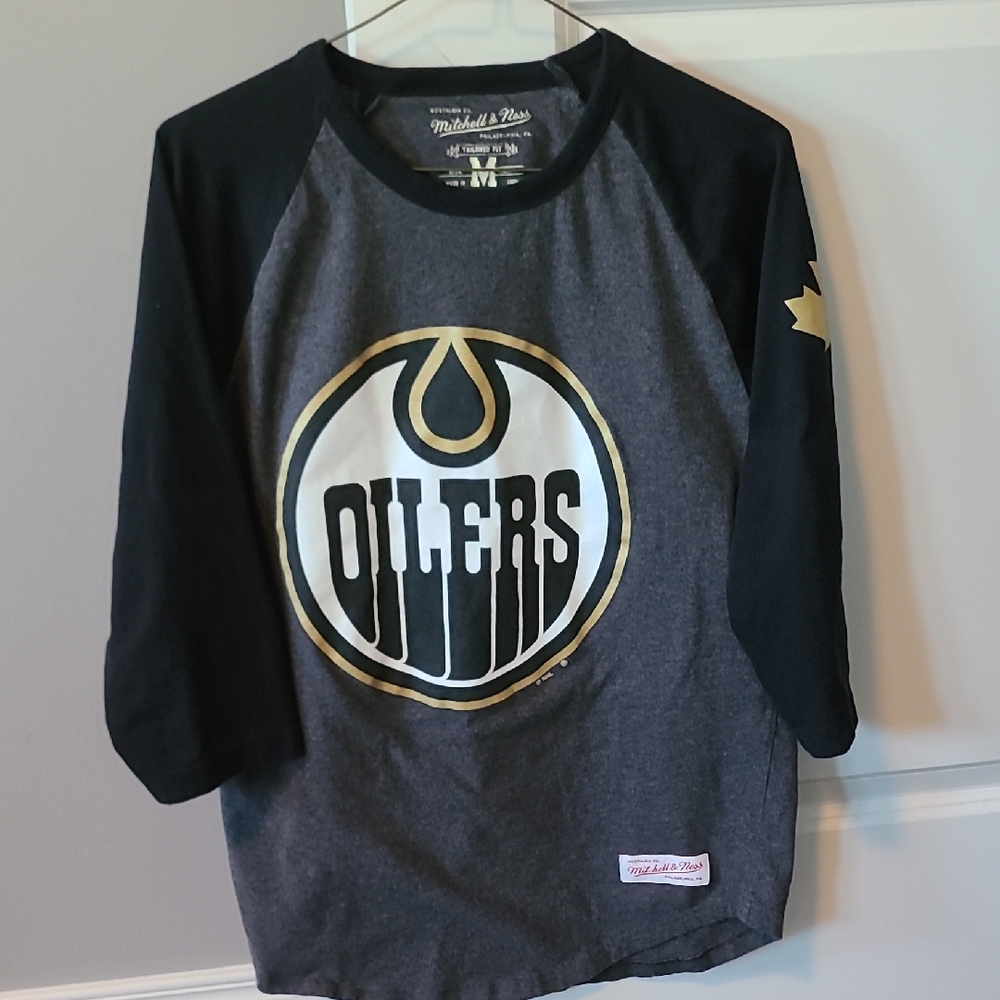 Mitchell & Ness Gray, Navy Blue,  Gold Edmonton Oilers 3/4 Sleeve Tee